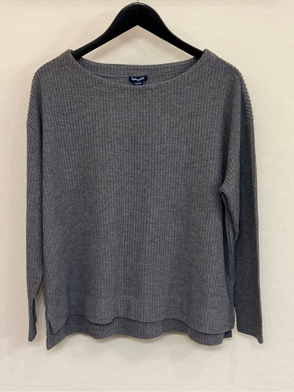 Splendid Cozy Gray Thermal Waffle Knit Boat Neck Tunic Top Size L High Low